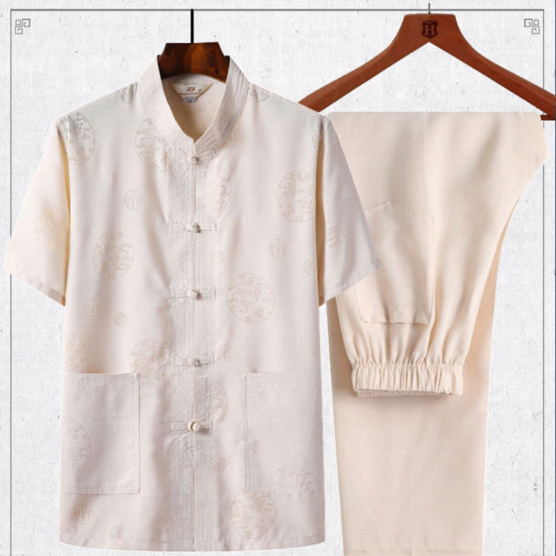 Buddha Stones 2Pcs Frog-Button Fu Character Dragon Bamboo Leaf Short Sleeve Shirt Pants Men's Set - LightYellow - Dragon - US/UK/AU46，EU56 (4XL) - image 4