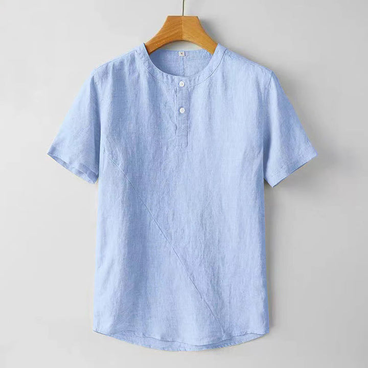 Buddha Stones Summer Men's Solid Color Button Short Sleeve Cotton Linen Shirt - LightSkyBlue - US/UK/AU48，EU58 (4XL) - image 8