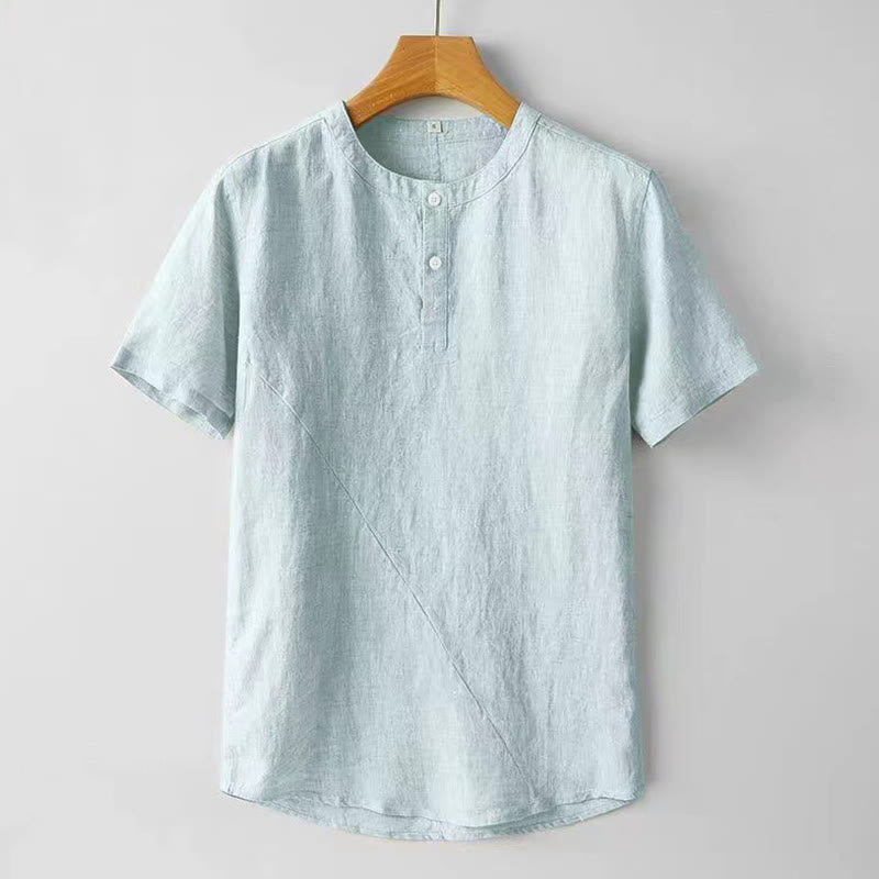 Buddha Stones Summer Men's Solid Color Button Short Sleeve Cotton Linen Shirt - PowderBlue - US/UK/AU48，EU58 (4XL) - image 9