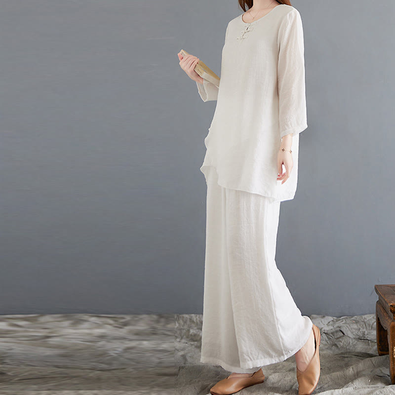 Buddha Stones 2Pcs Frog-Button Long Sleeve Shirt Wide Leg Pants Meditation Cotton Linen Clothing - image 7