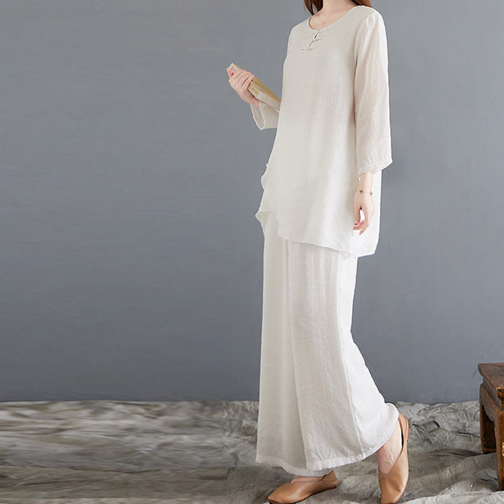 Buddha Stones 2Pcs Frog-Button Long Sleeve Shirt Wide Leg Pants Meditation Cotton Linen Clothing - image 7
