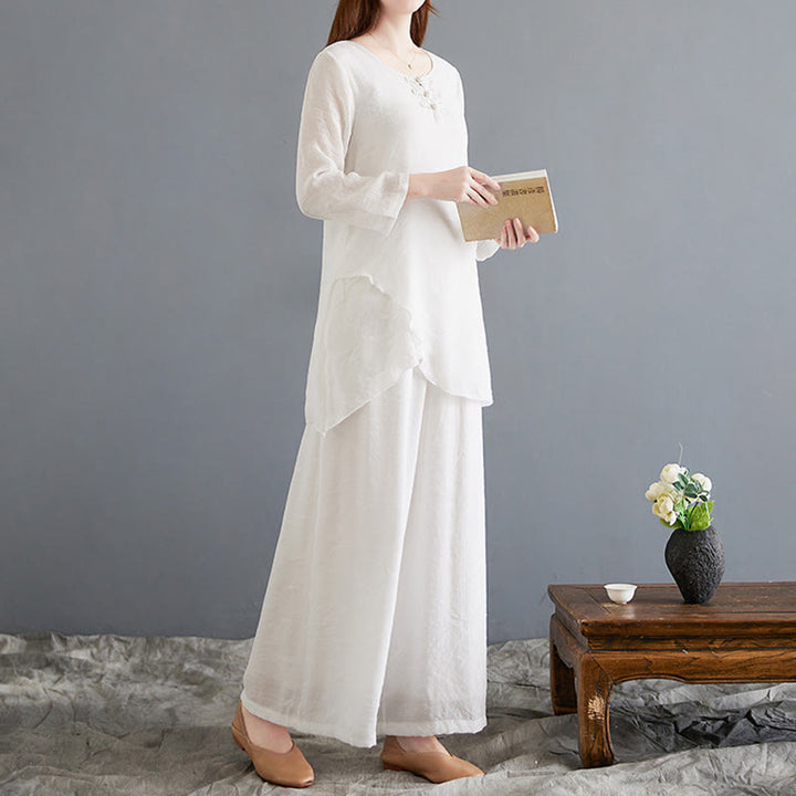 Buddha Stones 2Pcs Frog-Button Long Sleeve Shirt Wide Leg Pants Meditation Cotton Linen Clothing - image 4
