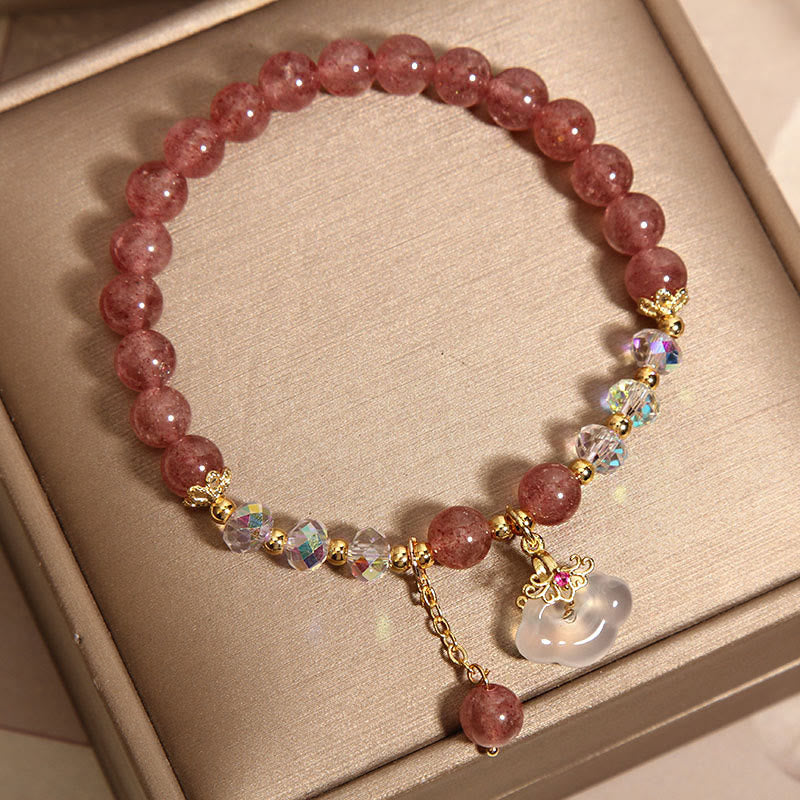 Buddha Stones Natural Strawberry Quartz Crystal White Agate Auspicious Cloud Healing Bracelet - image 3