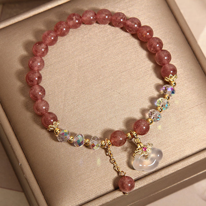 Buddha Stones Natural Strawberry Quartz Crystal White Agate Auspicious Cloud Healing Bracelet - image 3