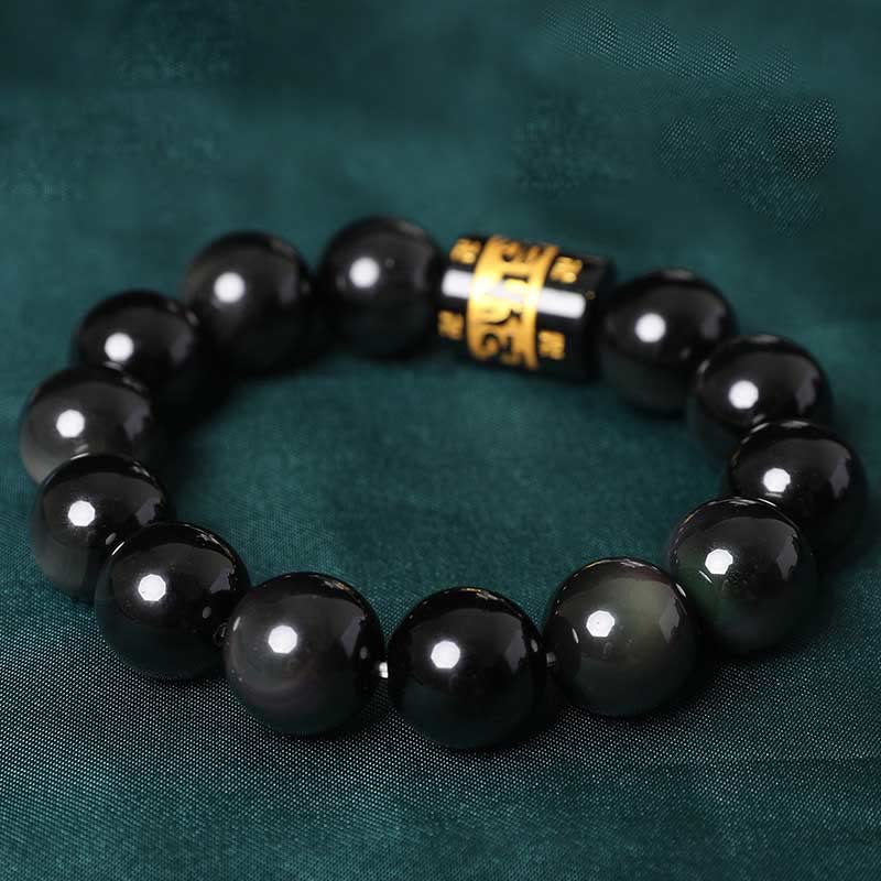 Buddha Stones Rainbow Obsidian Om Mani Padme Hum Swastika Positive Bracelet - 14mm(Wrist Circumference 14-18cm) - image 11