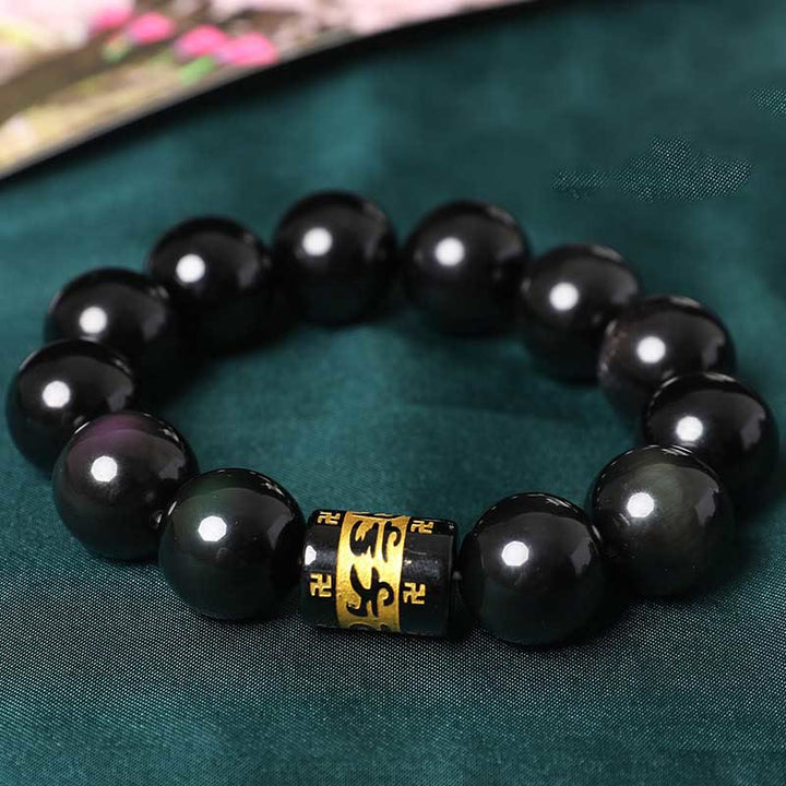 Buddha Stones Rainbow Obsidian Om Mani Padme Hum Swastika Positive Bracelet - 16mm(Wrist Circumference 14-18cm) - image 0