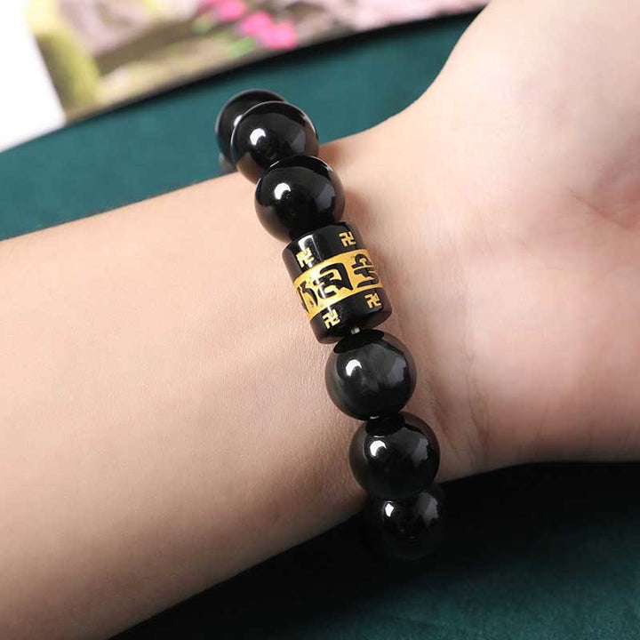 Buddha Stones Rainbow Obsidian Om Mani Padme Hum Swastika Positive Bracelet - image 3