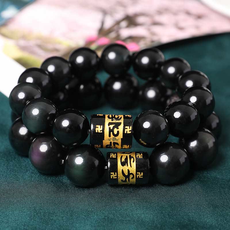 Buddha Stones Rainbow Obsidian Om Mani Padme Hum Swastika Positive Bracelet - image 1