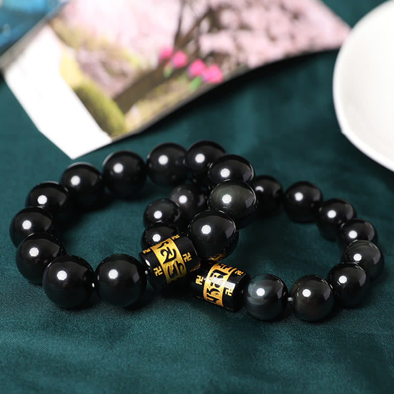 Buddha Stones Rainbow Obsidian Om Mani Padme Hum Swastika Positive Bracelet - image 14