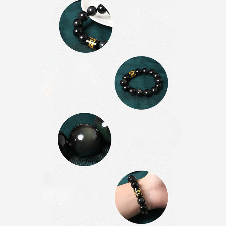 Buddha Stones Rainbow Obsidian Om Mani Padme Hum Swastika Positive Bracelet - image 15