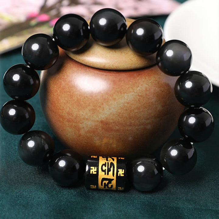 Buddha Stones Rainbow Obsidian Om Mani Padme Hum Swastika Positive Bracelet - image 2