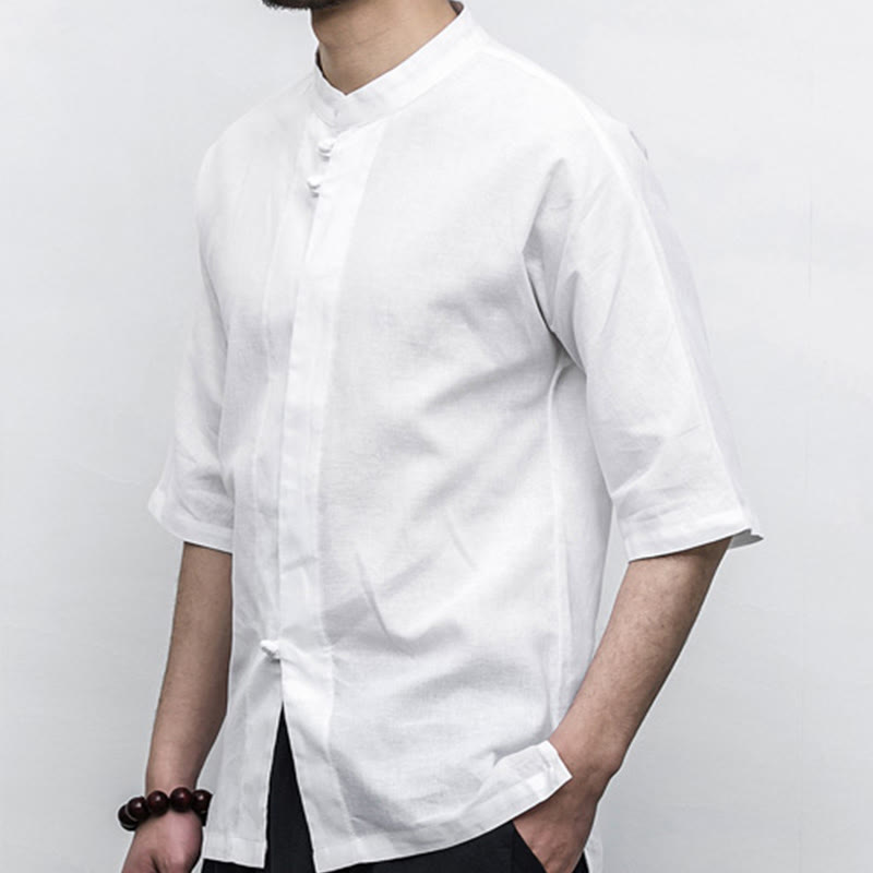 Buddha Stones Chinese Frog-Button Tang Suit Zen Half Sleeve Shirt Linen Men Clothing - image 7