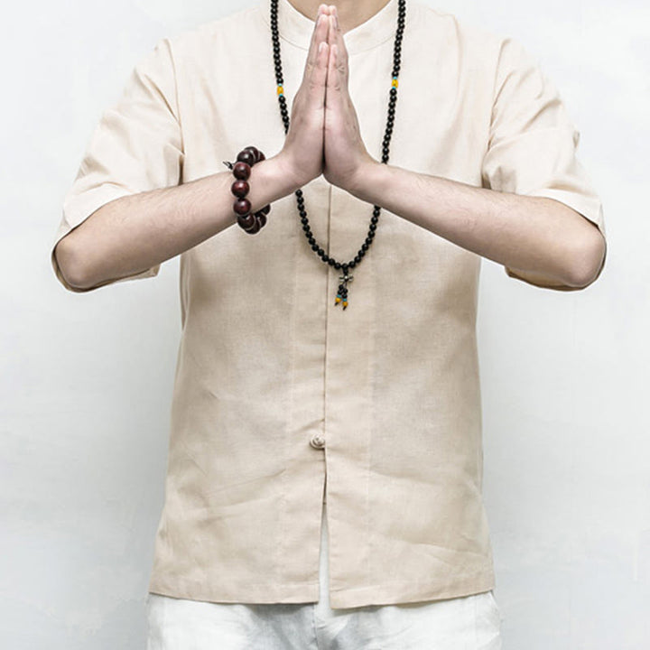 Buddha Stones Chinese Frog-Button Tang Suit Zen Half Sleeve Shirt Linen Men Clothing - image 19