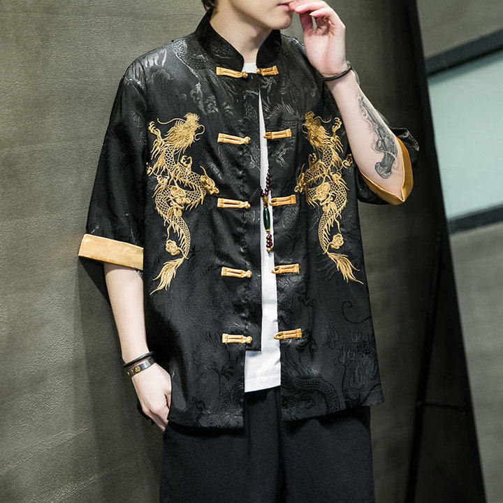 Buddha Stones Frog-Button Chinese Dragon Embroidery Half Sleeve Shirt Linen Men Clothing - image 4