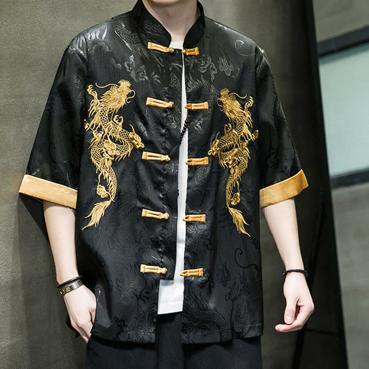 Buddha Stones Frog-Button Chinese Dragon Embroidery Half Sleeve Shirt Linen Men Clothing - image 10