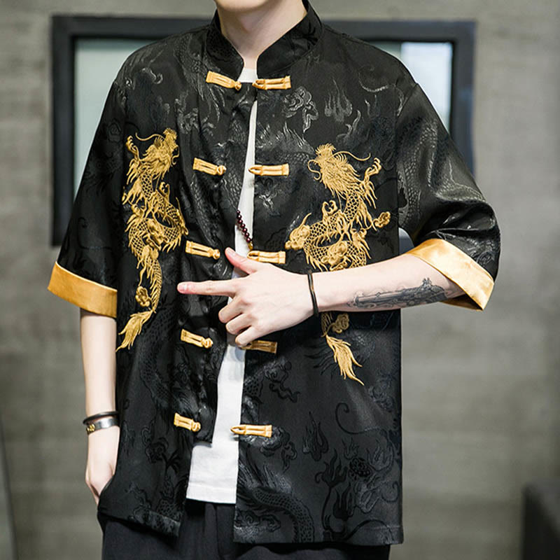 Buddha Stones Frog-Button Chinese Dragon Embroidery Half Sleeve Shirt Linen Men Clothing - image 6