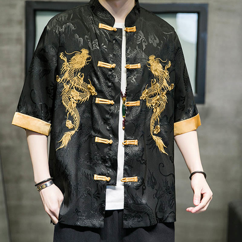 Buddha Stones Frog-Button Chinese Dragon Embroidery Half Sleeve Shirt Linen Men Clothing - image 8