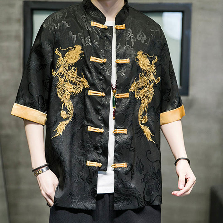 Buddha Stones Frog-Button Chinese Dragon Embroidery Half Sleeve Shirt Linen Men Clothing - image 8