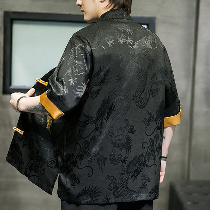 Buddha Stones Frog-Button Chinese Dragon Embroidery Half Sleeve Shirt Linen Men Clothing - image 2