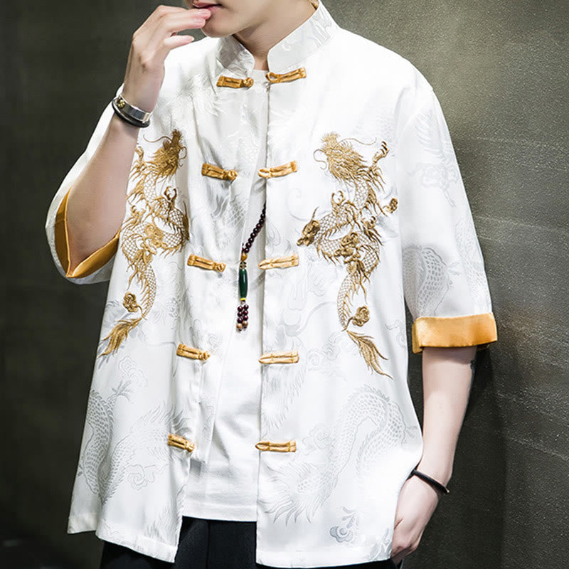 Buddha Stones Frog-Button Chinese Dragon Embroidery Half Sleeve Shirt Linen Men Clothing - image 15
