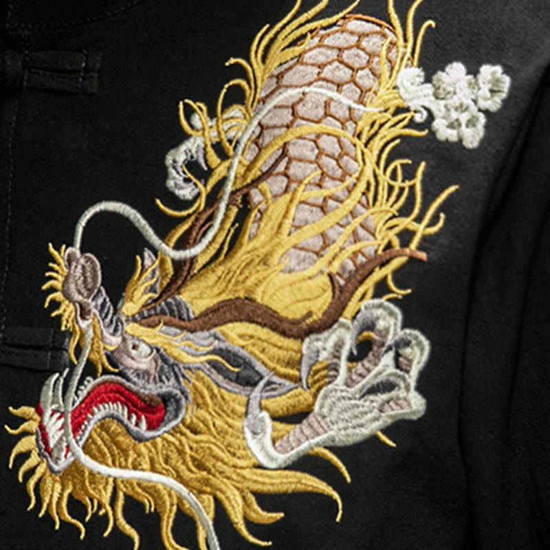 Buddha Stones Frog-Button Chinese Dragon Auspicious Cloud Embroidery Half Sleeve Shirt Cotton Linen Men Clothing - image 7