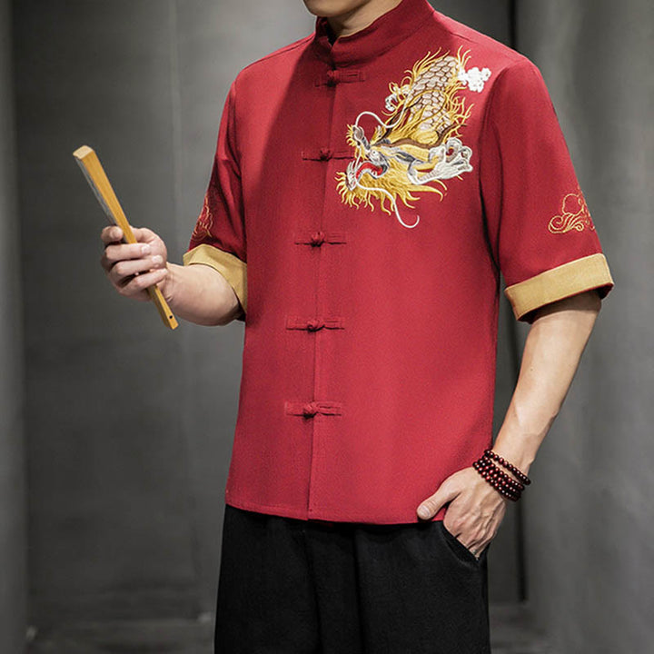 Buddha Stones Frog-Button Chinese Dragon Auspicious Cloud Embroidery Half Sleeve Shirt Cotton Linen Men Clothing - image 16