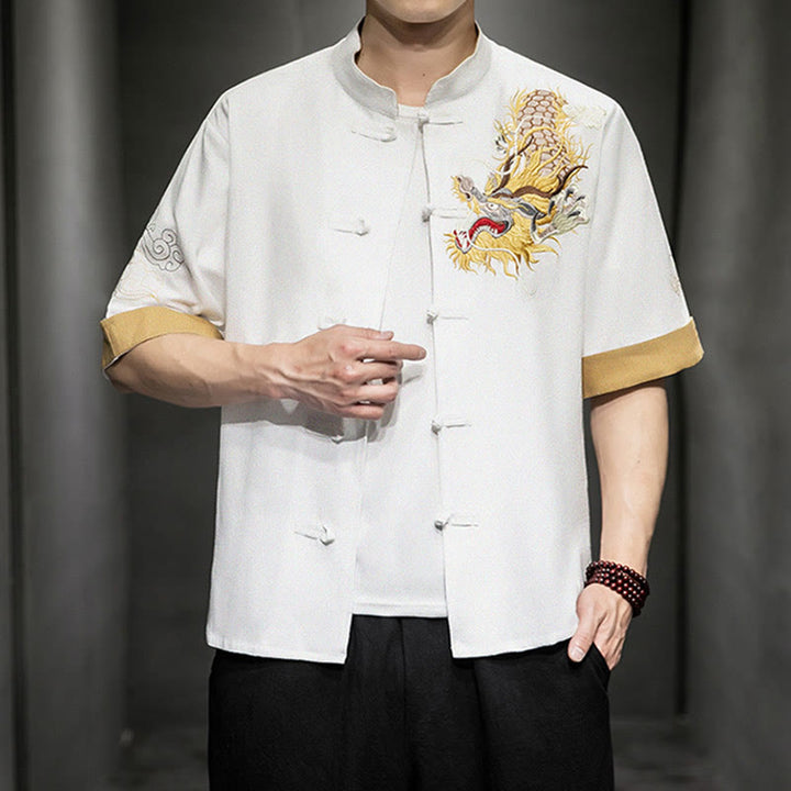 Buddha Stones Frog-Button Chinese Dragon Auspicious Cloud Embroidery Half Sleeve Shirt Cotton Linen Men Clothing - image 23