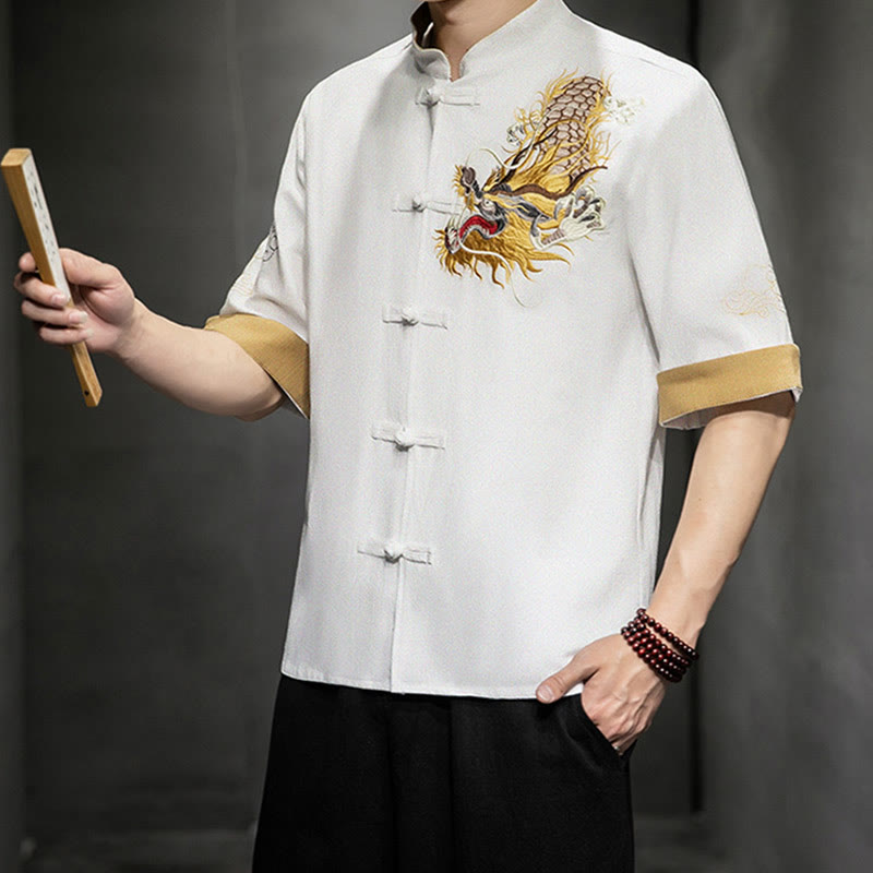 Buddha Stones Frog-Button Chinese Dragon Auspicious Cloud Embroidery Half Sleeve Shirt Cotton Linen Men Clothing - image 24