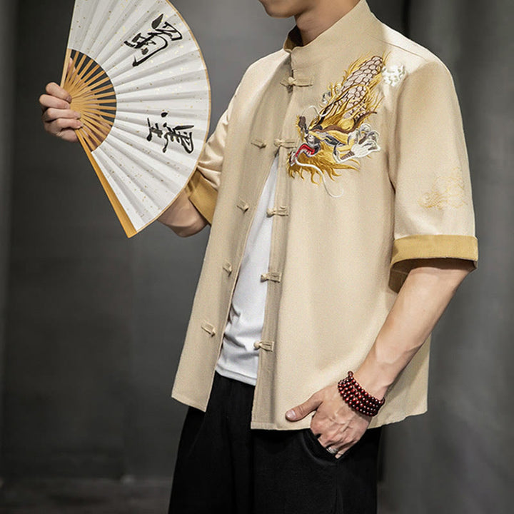 Buddha Stones Frog-Button Chinese Dragon Auspicious Cloud Embroidery Half Sleeve Shirt Cotton Linen Men Clothing - image 29