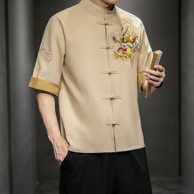 Buddha Stones Frog-Button Chinese Dragon Auspicious Cloud Embroidery Half Sleeve Shirt Cotton Linen Men Clothing - image 30