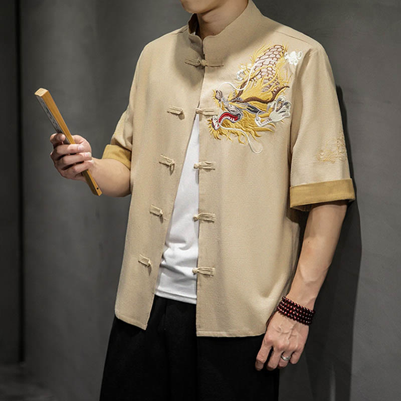 Buddha Stones Frog-Button Chinese Dragon Auspicious Cloud Embroidery Half Sleeve Shirt Cotton Linen Men Clothing - image 32