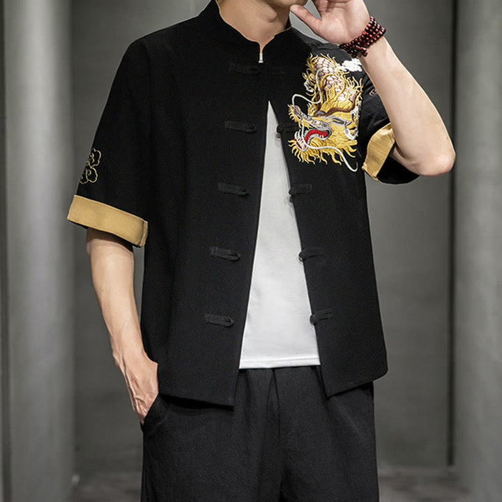 Buddha Stones Frog-Button Chinese Dragon Auspicious Cloud Embroidery Half Sleeve Shirt Cotton Linen Men Clothing - image 3