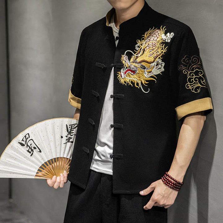 Buddha Stones Frog-Button Chinese Dragon Auspicious Cloud Embroidery Half Sleeve Shirt Cotton Linen Men Clothing - Black - US/UK/AU44，EU54 (5XL)  - image 0
