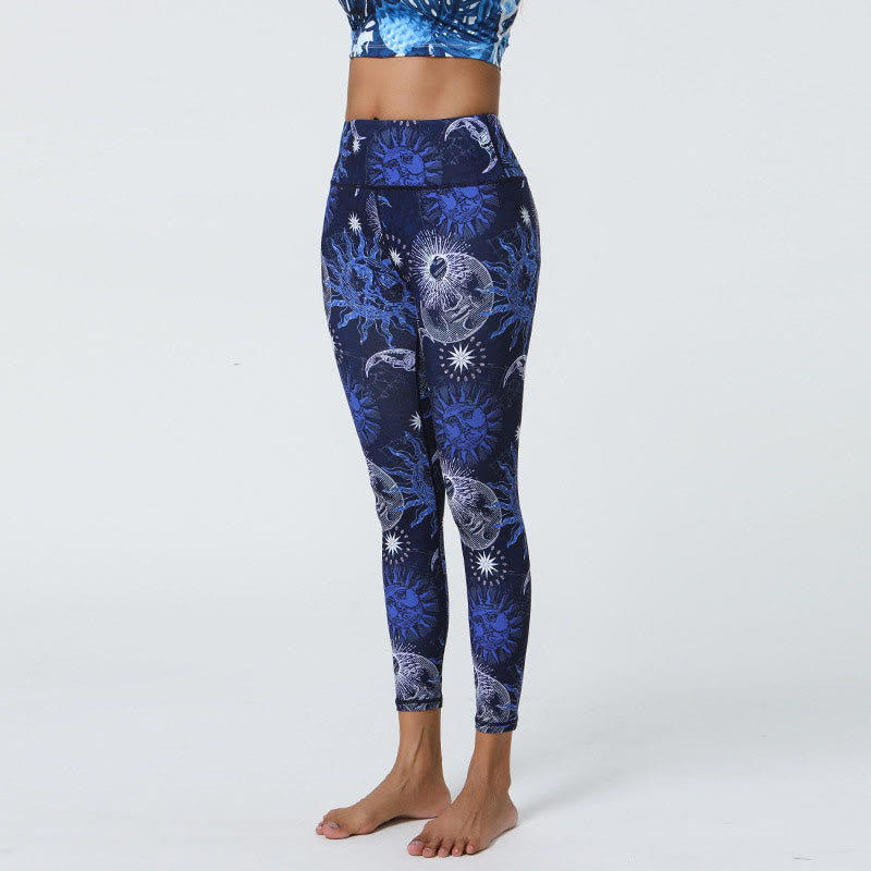 Buddha Stones Flowers Feathers Sun Moon Print Sports Fitness Yoga High Waist Leggings Women's Pants - Dark Blue Sun White Moon - US12，UK/AU16，EU44 (XL) - image 10