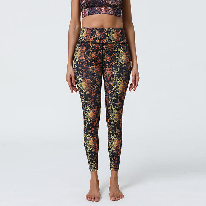 Buddha Stones Flowers Geometric Mandalas Print Sports Fitness Yoga High Waist Leggings Women's Pants - Black Yellow Flowers - US12，UK/AU16，EU44 (XL) - image 7