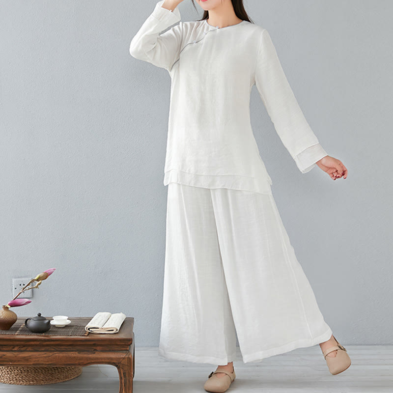 Buddha Stones 2Pcs Three Quarter Sleeve Long Sleeve Shirt Wide Leg Pants Meditation Cotton Linen Clothing Women's Set - image 3