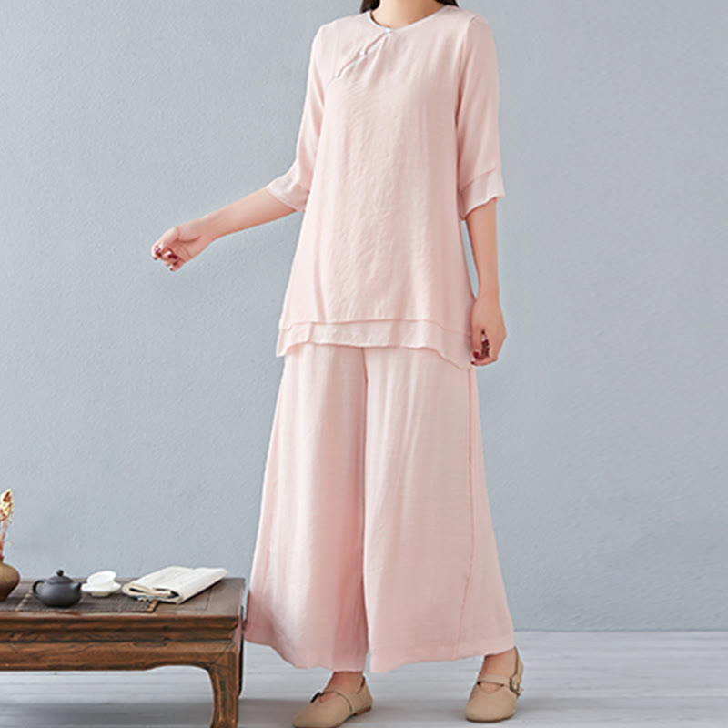 Buddha Stones 2Pcs Three Quarter Sleeve Long Sleeve Shirt Wide Leg Pants Meditation Cotton Linen Clothing Women's Set - image 16