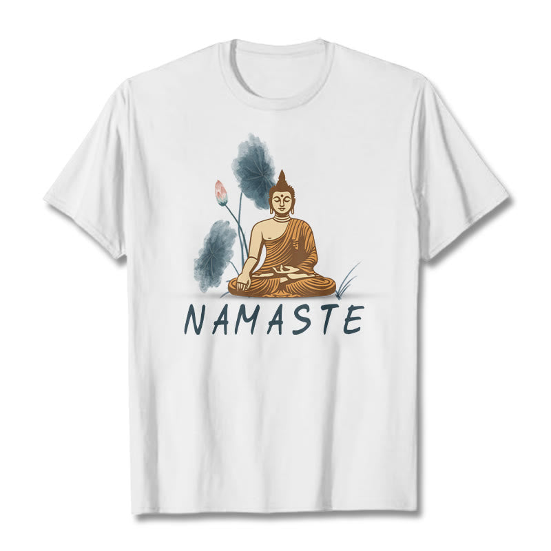 Buddha Stones NAMASTE Buddha Lotus Leaf Tee T-shirt - White - Thin Font NAMASTE - 2XL - image 21