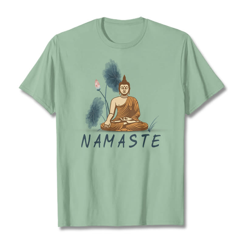 Buddha Stones NAMASTE Buddha Lotus Leaf Tee T-shirt - PaleGreen - Thin Font NAMASTE - 2XL - image 32