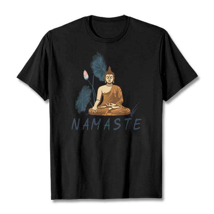 Buddha Stones NAMASTE Buddha Lotus Leaf Tee T-shirt - Black - Thin Font NAMASTE - 2XL - image 24