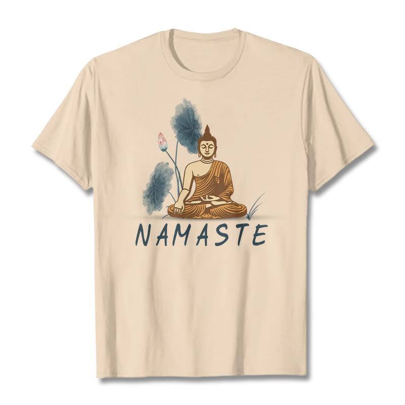 Buddha Stones NAMASTE Buddha Lotus Leaf Tee T-shirt - Bisque - Thin Font NAMASTE - 2XL - image 19