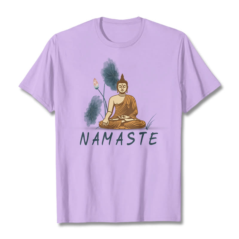 Buddha Stones NAMASTE Buddha Lotus Leaf Tee T-shirt - Plum - Thin Font NAMASTE - 2XL - image 34