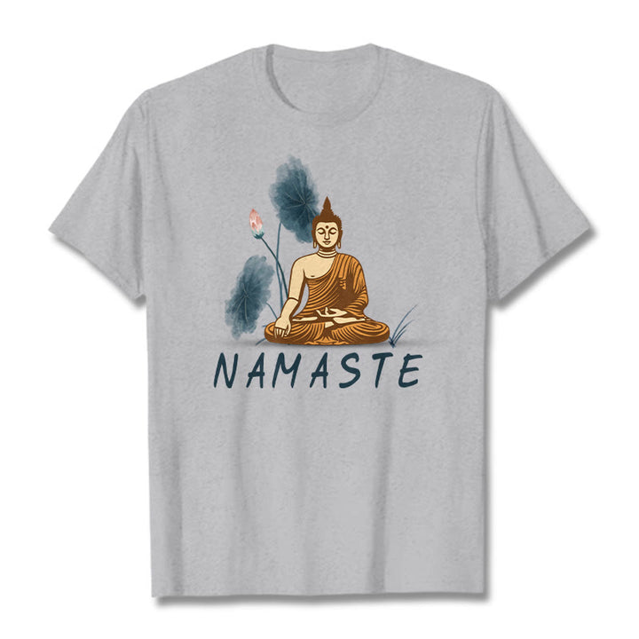 Buddha Stones NAMASTE Buddha Lotus Leaf Tee T-shirt - LightGrey - Thin Font NAMASTE - 2XL - image 37