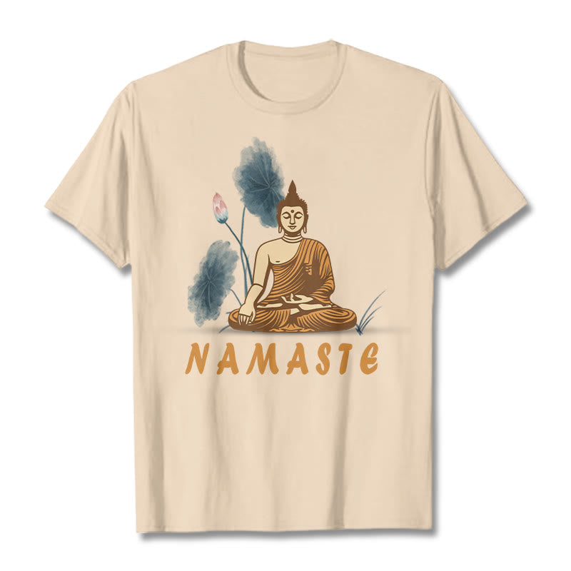Buddha Stones NAMASTE Buddha Lotus Leaf Tee T-shirt - Bisque - Bold Font NAMASTE - 2XL - image 0