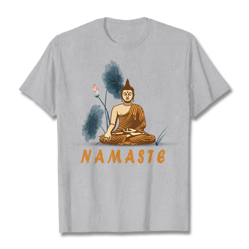 Buddha Stones NAMASTE Buddha Lotus Leaf Tee T-shirt - LightGrey - Bold Font NAMASTE - 2XL - image 15