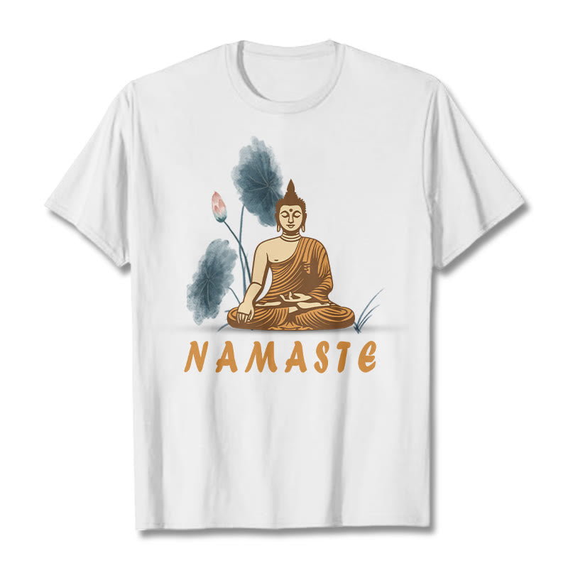 Buddha Stones NAMASTE Buddha Lotus Leaf Tee T-shirt - White - Bold Font NAMASTE - 2XL - image 2