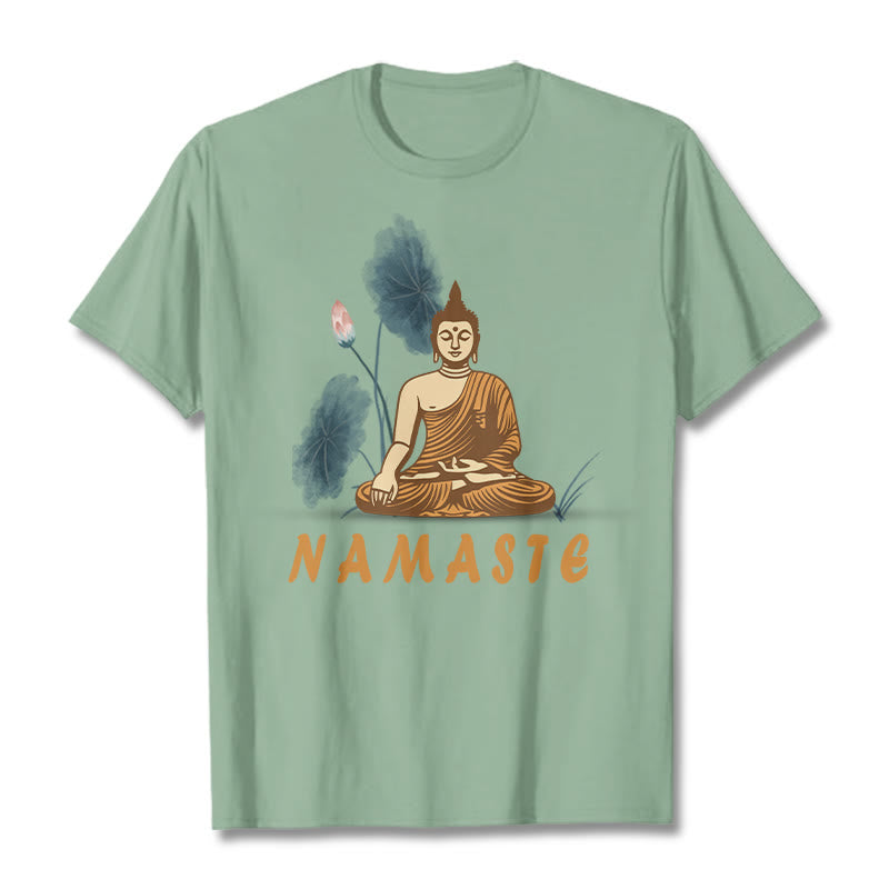 Buddha Stones NAMASTE Buddha Lotus Leaf Tee T-shirt - PaleGreen - Bold Font NAMASTE - 2XL - image 13