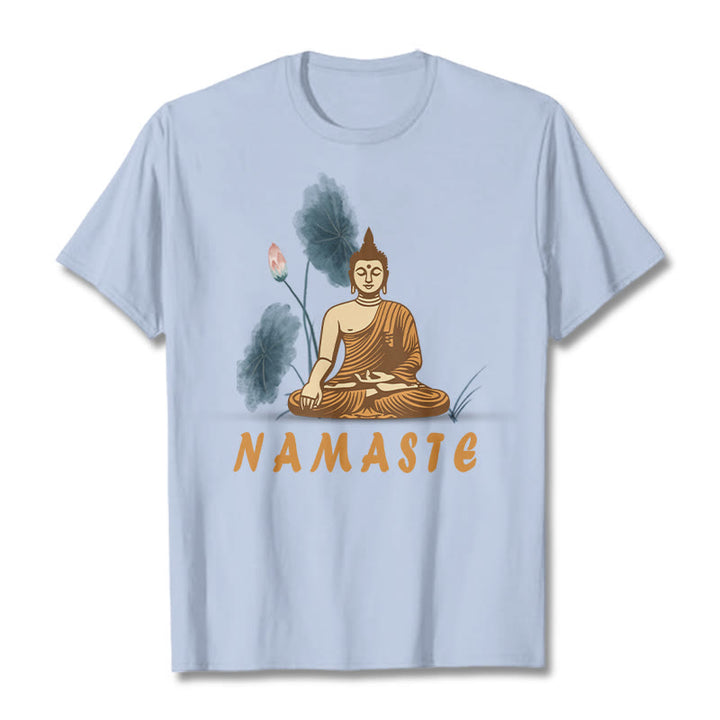 Buddha Stones NAMASTE Buddha Lotus Leaf Tee T-shirt - LightCyan - Bold Font NAMASTE - 2XL - image 18