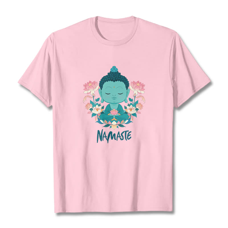 Buddha Stones NAMASTE Buddha Lotus Meditation Tee T-shirt - LightPink - Green NAMASTE - 2XL - image 0