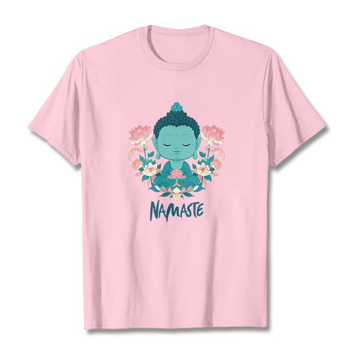 Buddha Stones NAMASTE Buddha Lotus Meditation Tee T-shirt - LightPink - Green NAMASTE - 2XL - image 0